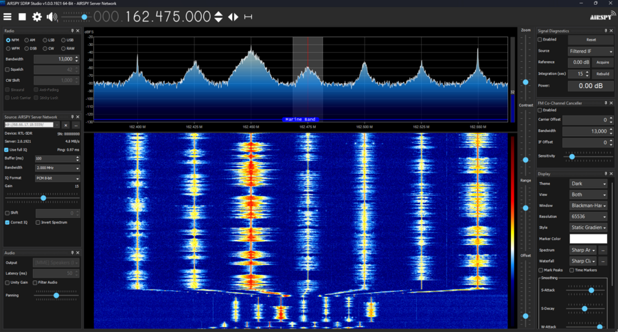 SDR# connected to a SpyServer, showing a live spectrum and waterfall